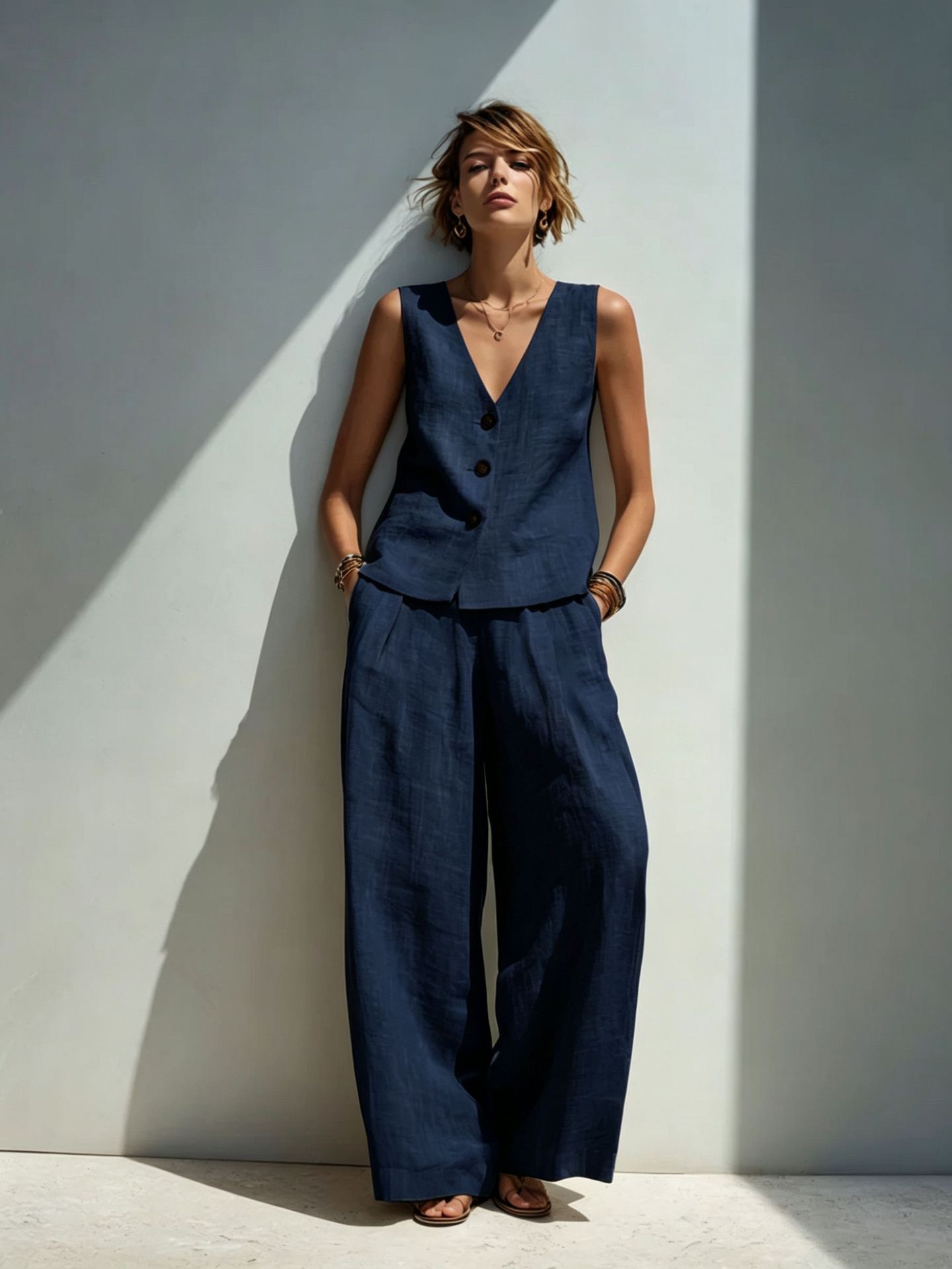 Leinenmischgewebe V-Ausschnitt Westen-Set mit Knöpfen & High-Waist Weite Hose – 5 Farben S–3XL