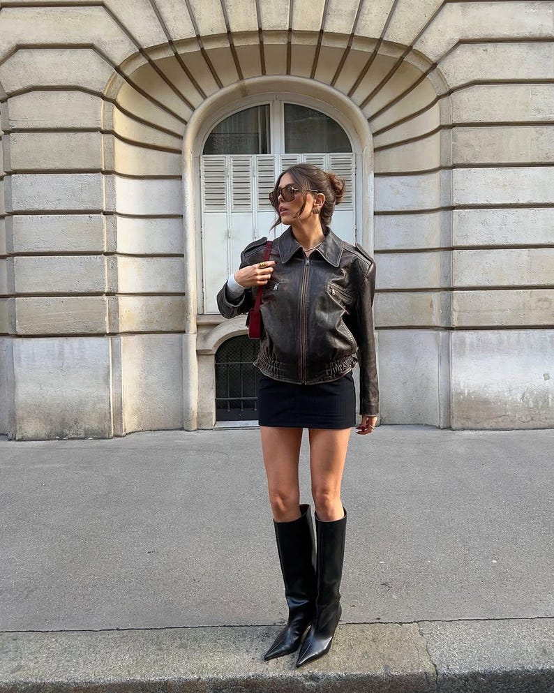 Vintage 90s Oversized Leather Bomber Jacket ,Distressed Black Real Leather Jacket,  Parisian Street Style Women’s Outerwear.