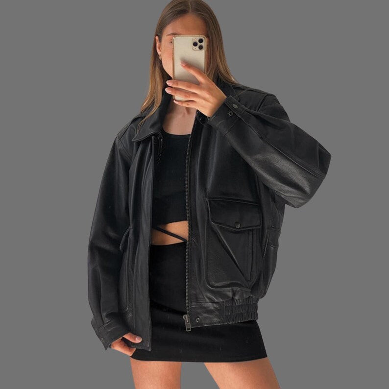 Women Handmade Black Oversized Vintage Bomber Leather Jacket