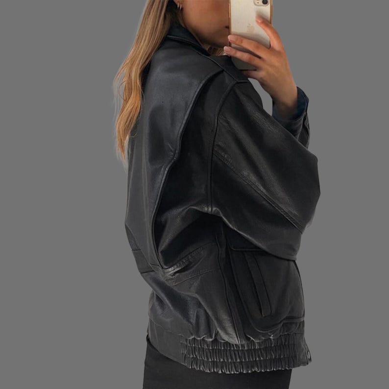 Women Handmade Black Oversized Vintage Bomber Leather Jacket