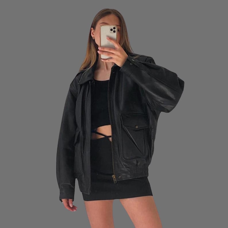 Women Handmade Black Oversized Vintage Bomber Leather Jacket