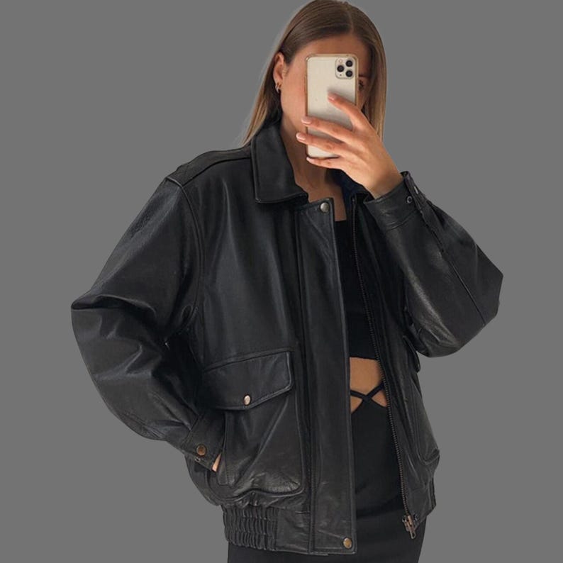 Women Handmade Black Oversized Vintage Bomber Leather Jacket