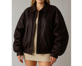 Women Handmade Brown Oversize Bomber Lambskin Soft Real Leather Jacket | Women Casual Wear Genuine Leather Jacket