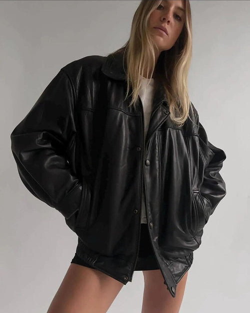 90's Women Handmade Black Oversize Leather Jacket, Women Casual Wear Genuine Leather Jacket, Outerwear Gift For Ladies Soft Leather Jacket.