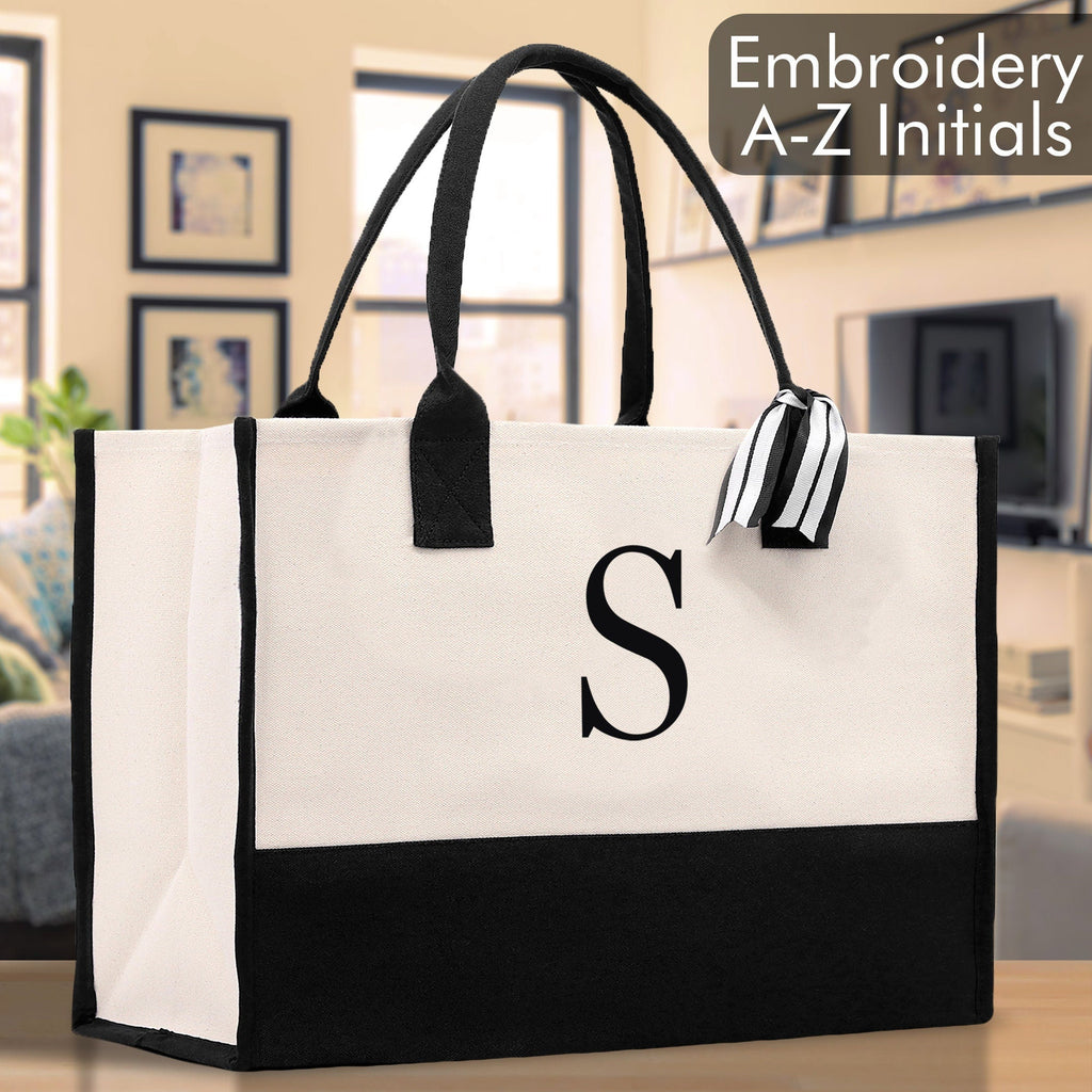 Personalized Cotton Canvas Beach Tote Bag Monogram Tote Bag Initial Canvas Tote Bridesmaid Gift Tote Custom Beach Bag Gift for Her A-Z