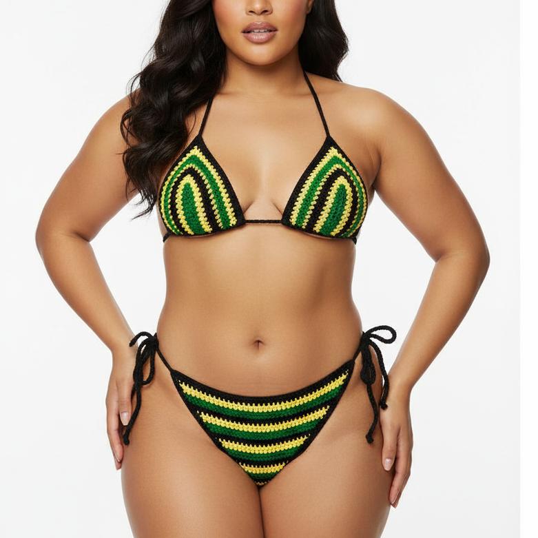 Handmade Jamaica Crochet Bikini 4-Piece Set with Micro Mini Skirt and Bucket Hat