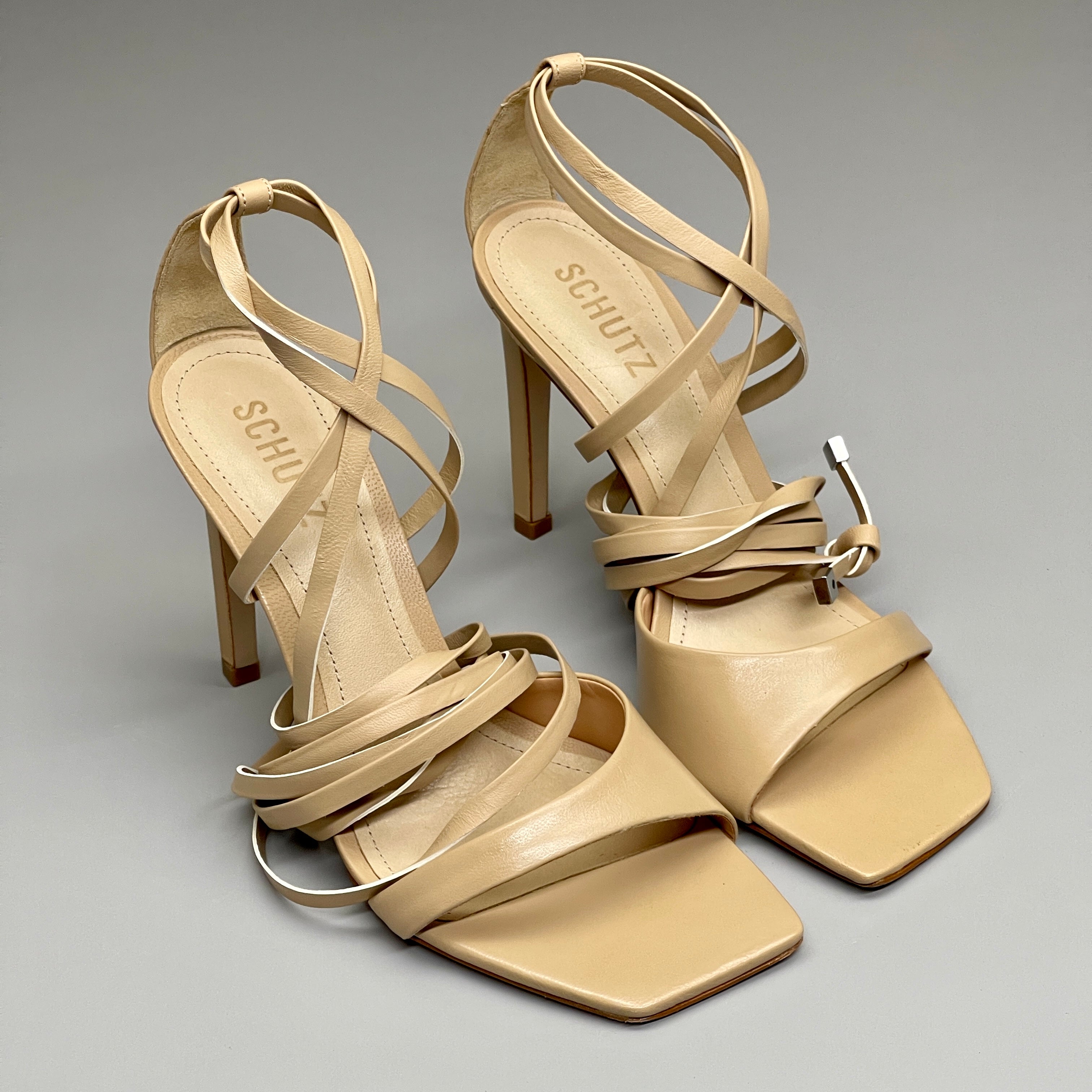 SCHUTZ Bryce Ankle Tie Women's Leather High Heel Sandal Light Nude Sz 7B (New)