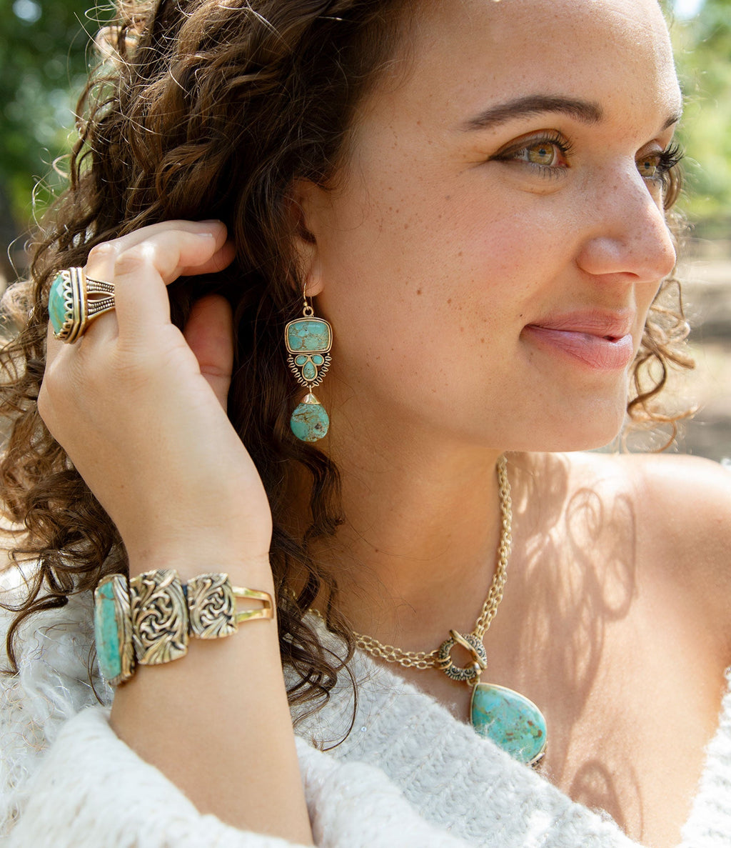 Imara Blue Turquoise and Golden Statement Earrings