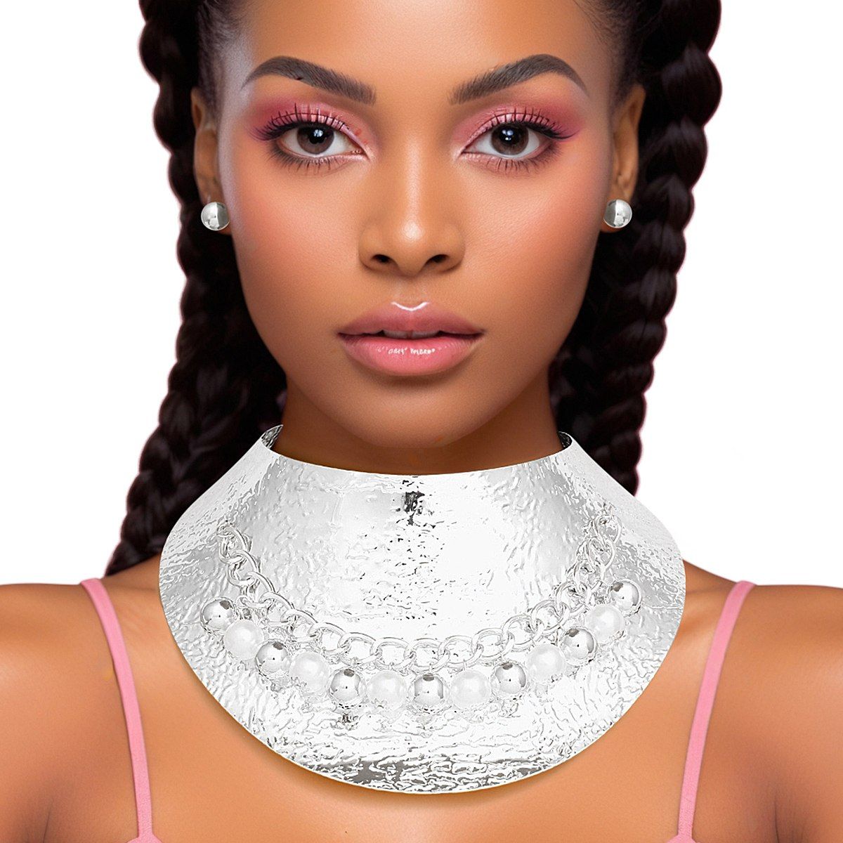 Choker Collar Necklace Silver Metal Pearl Armor Statement Jewelry Set