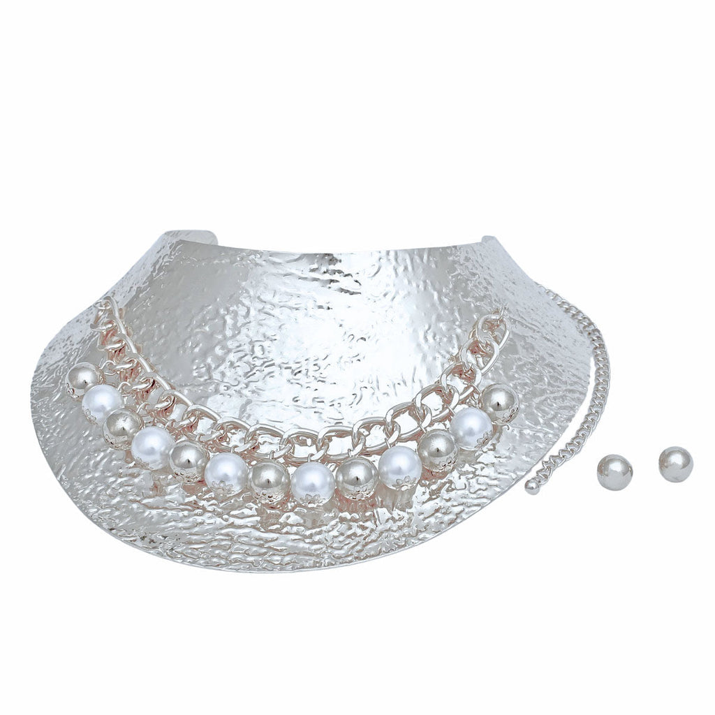 Choker Collar Necklace Silver Metal Pearl Armor Statement Jewelry Set