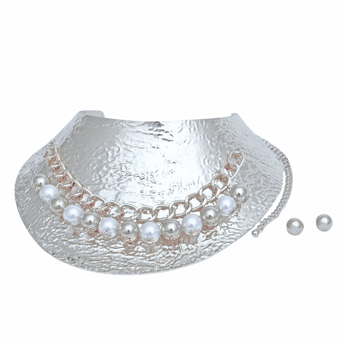 Choker Collar Necklace Silver Metal Pearl Armor Statement Jewelry Set