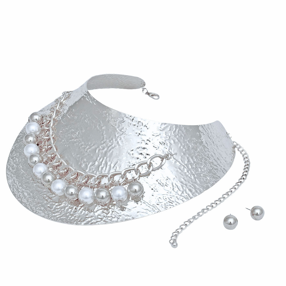 Choker Collar Necklace Silver Metal Pearl Armor Statement Jewelry Set