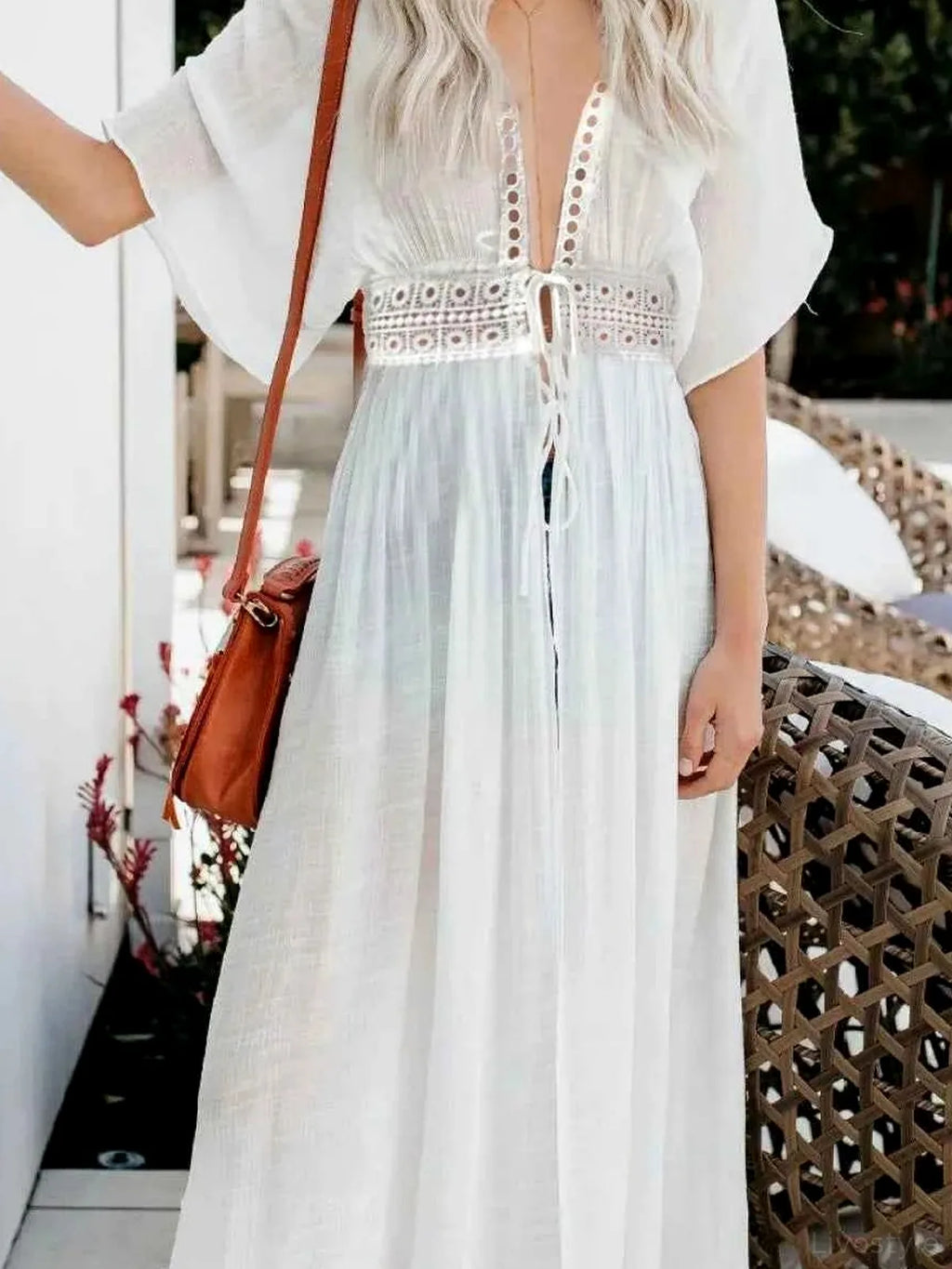 Lace Trim Plunging Beach Cover Up Maxi Dress