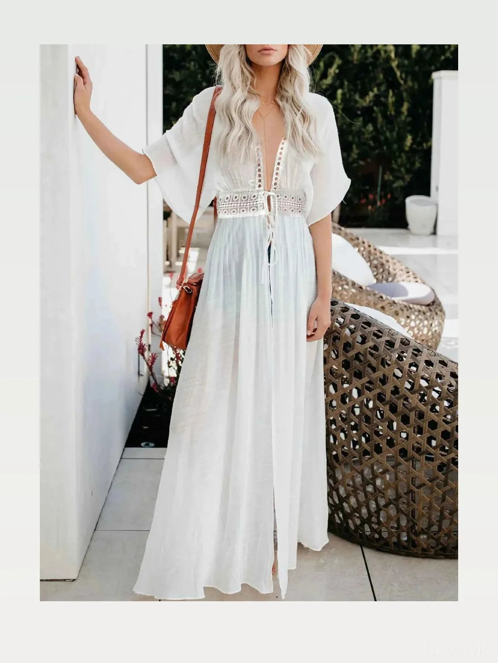 Lace Trim Plunging Beach Cover Up Maxi Dress