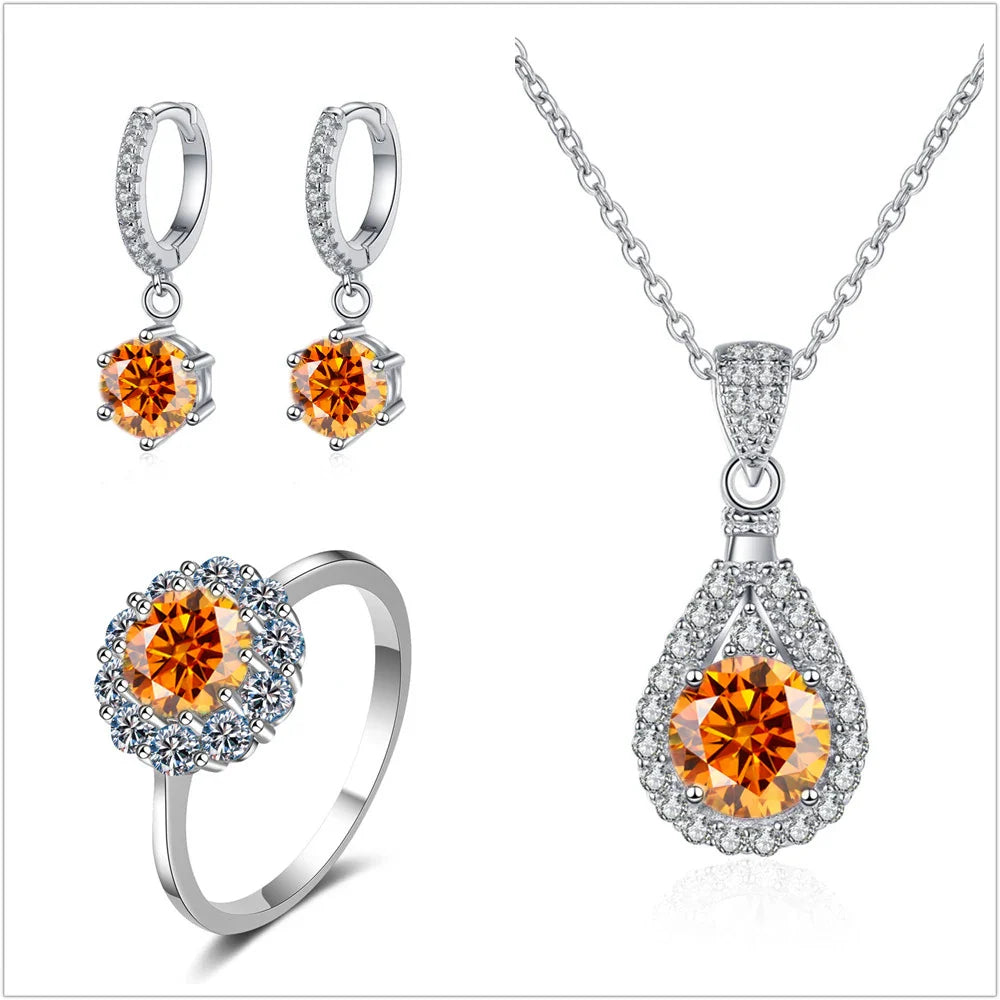 Moissanite Jewelry Set 925 Sterling Silver Ring Earring Pendant Necklace Bridal