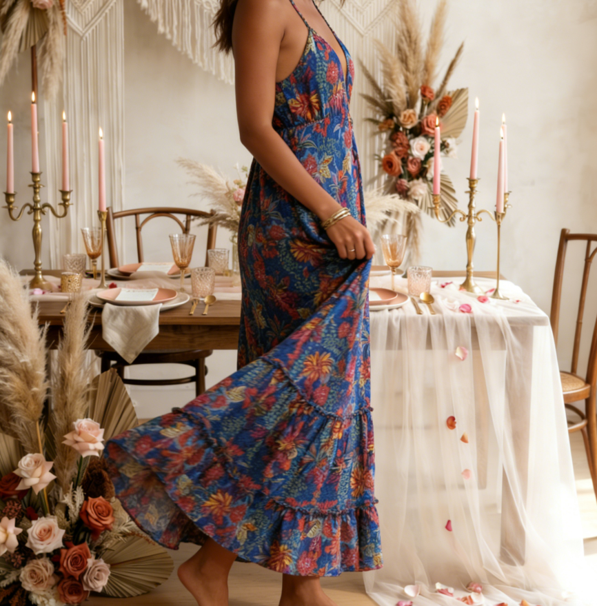 Elegant V-Neck Floral Print Maxi Dress