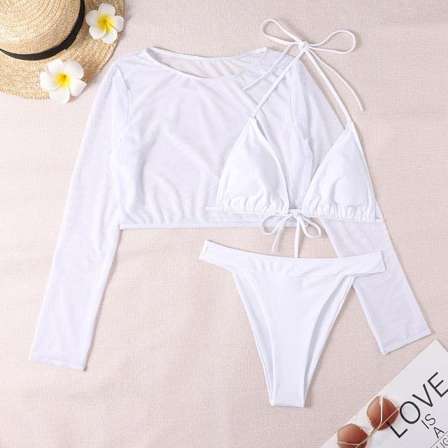 Neon Gelbes Crop Top Bademode Frauen Sommer 3-teiliges Bikini-Set mit transparentem Crop Top Überwurf Strandmode Mesh Langarm Überwurf Top Dreiteiliger Bikini-Set