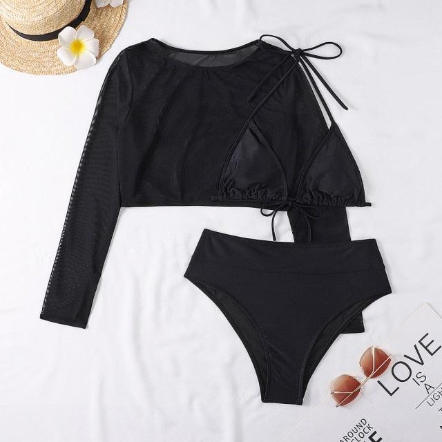 Neon Gelbes Crop Top Bademode Frauen Sommer 3-teiliges Bikini-Set mit transparentem Crop Top Überwurf Strandmode Mesh Langarm Überwurf Top Dreiteiliger Bikini-Set