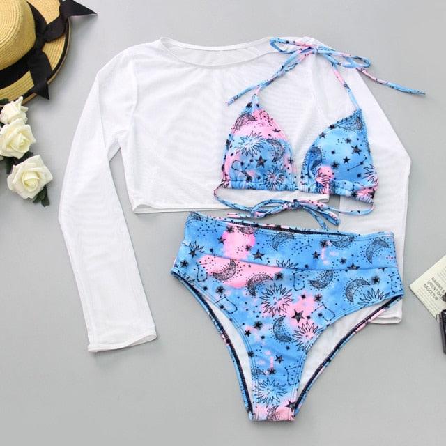 Neon Gelbes Crop Top Bademode Frauen Sommer 3-teiliges Bikini-Set mit transparentem Crop Top Überwurf Strandmode Mesh Langarm Überwurf Top Dreiteiliger Bikini-Set