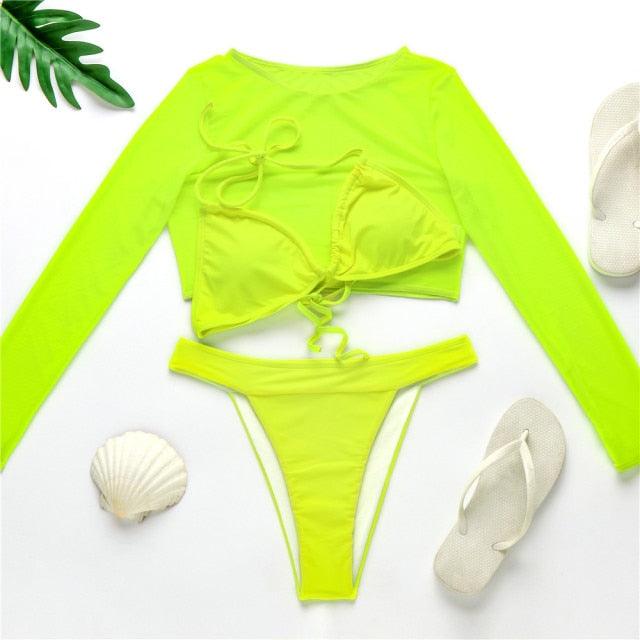 Neon Gelbes Crop Top Bademode Frauen Sommer 3-teiliges Bikini-Set mit transparentem Crop Top Überwurf Strandmode Mesh Langarm Überwurf Top Dreiteiliger Bikini-Set