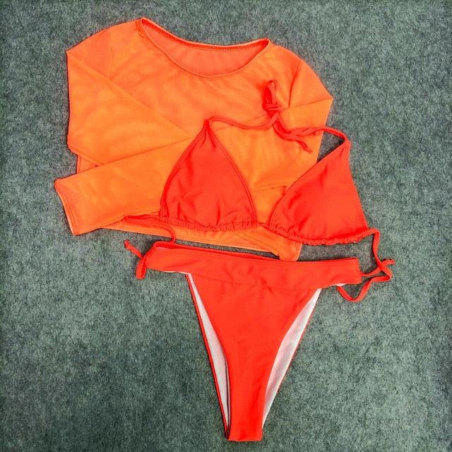 Neon Gelbes Crop Top Bademode Frauen Sommer 3-teiliges Bikini-Set mit transparentem Crop Top Überwurf Strandmode Mesh Langarm Überwurf Top Dreiteiliger Bikini-Set