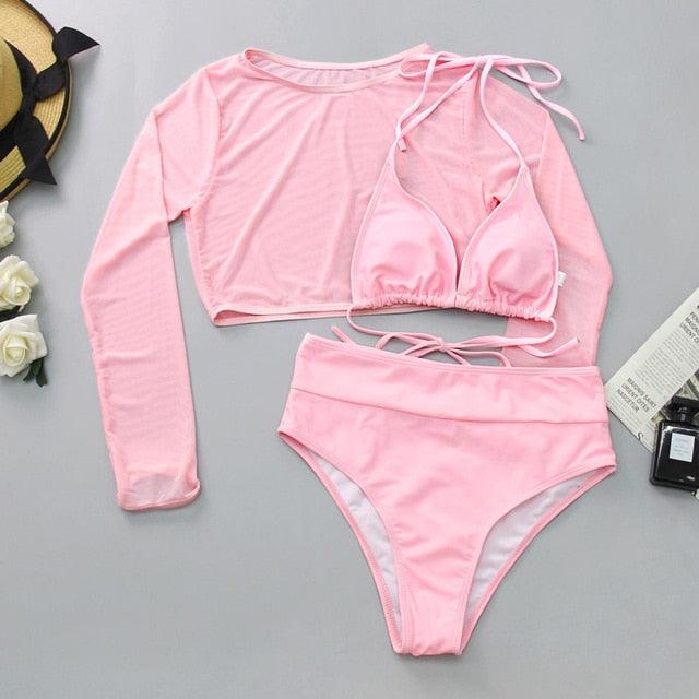 Neon Gelbes Crop Top Bademode Frauen Sommer 3-teiliges Bikini-Set mit transparentem Crop Top Überwurf Strandmode Mesh Langarm Überwurf Top Dreiteiliger Bikini-Set