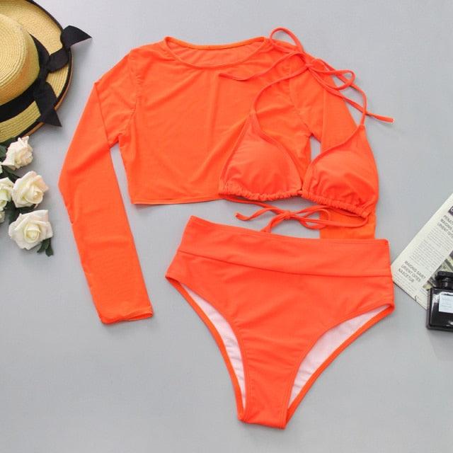 Neon Gelbes Crop Top Bademode Frauen Sommer 3-teiliges Bikini-Set mit transparentem Crop Top Überwurf Strandmode Mesh Langarm Überwurf Top Dreiteiliger Bikini-Set