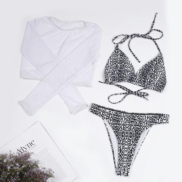 Neon Gelbes Crop Top Bademode Frauen Sommer 3-teiliges Bikini-Set mit transparentem Crop Top Überwurf Strandmode Mesh Langarm Überwurf Top Dreiteiliger Bikini-Set