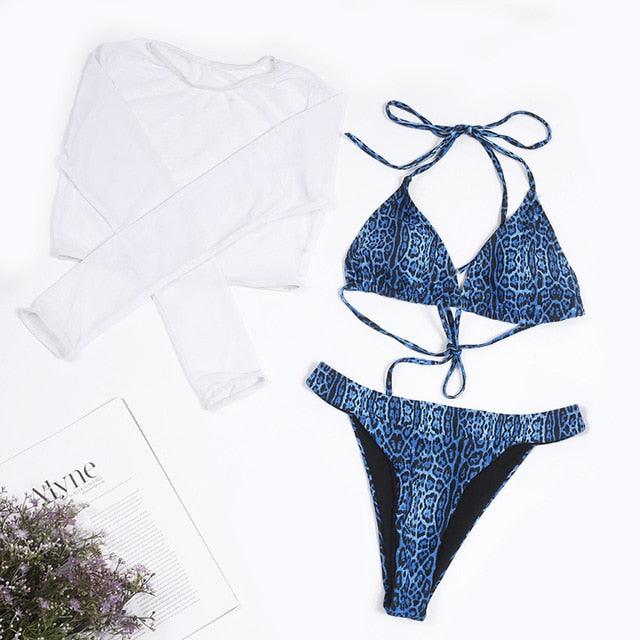 Neon Gelbes Crop Top Bademode Frauen Sommer 3-teiliges Bikini-Set mit transparentem Crop Top Überwurf Strandmode Mesh Langarm Überwurf Top Dreiteiliger Bikini-Set