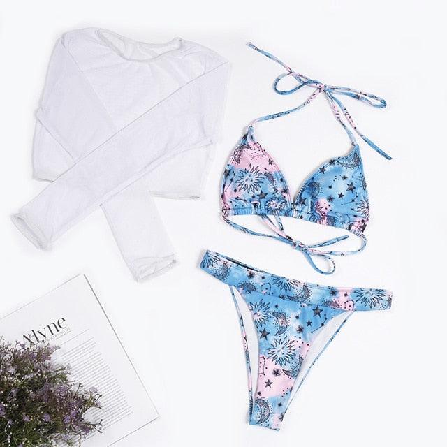 Neon Gelbes Crop Top Bademode Frauen Sommer 3-teiliges Bikini-Set mit transparentem Crop Top Überwurf Strandmode Mesh Langarm Überwurf Top Dreiteiliger Bikini-Set