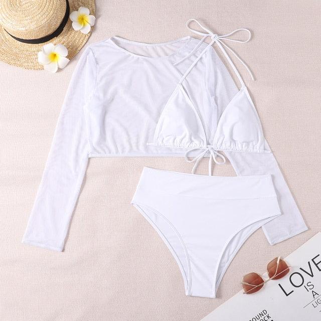 Neon Gelbes Crop Top Bademode Frauen Sommer 3-teiliges Bikini-Set mit transparentem Crop Top Überwurf Strandmode Mesh Langarm Überwurf Top Dreiteiliger Bikini-Set