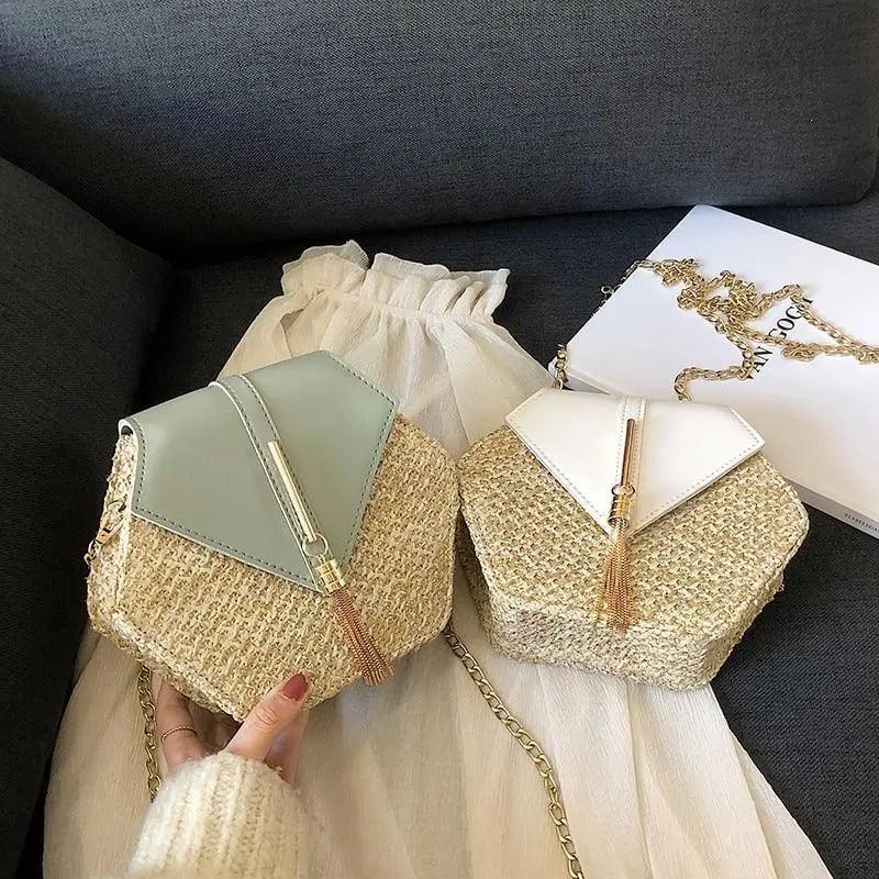 New Famous Mulit Style Straw+leather Handba For Women And Girls  New Fashion Summer Bag Handmade Woven Beach Circle Shoulder Bag