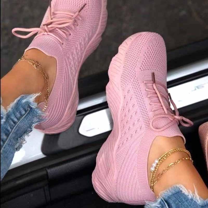 Casual Shoes Sport Sneakers, Lace Up Running Woman Red Platform Sneakers