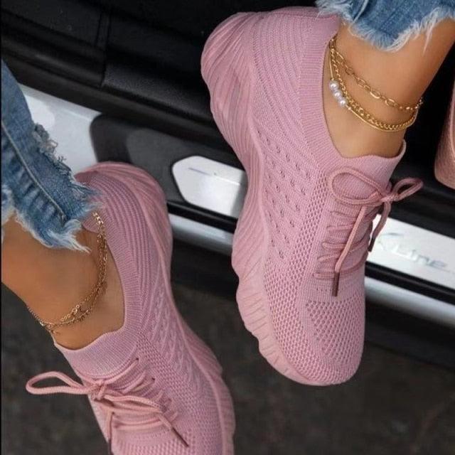 Casual Shoes Sport Sneakers, Lace Up Running Woman Red Platform Sneakers
