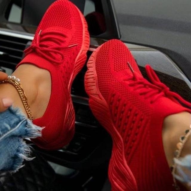 Casual Shoes Sport Sneakers, Lace Up Running Woman Red Platform Sneakers