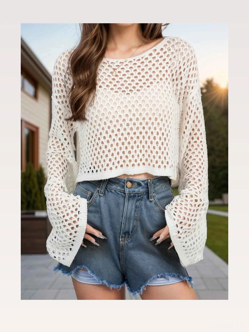 Openwork Round Neck Long Sleeve Cover Up