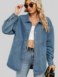 Women Removable Hood Button Up Long Sleeve Denim Jacket