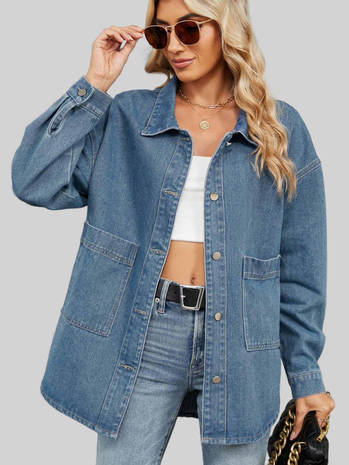 Women Removable Hood Button Up Long Sleeve Denim Jacket