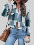 Women Perfee Plaid Button Up Drop Shoulder Cropped Jacket