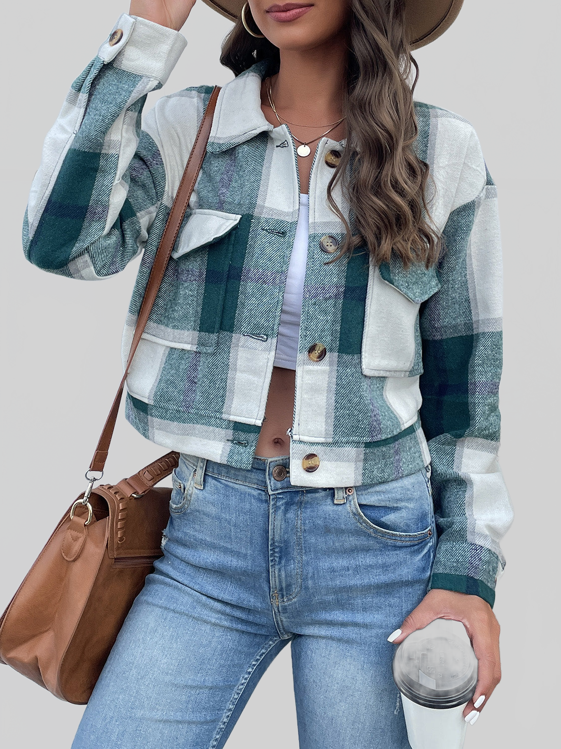 Women Perfee Plaid Button Up Drop Shoulder Cropped Jacket