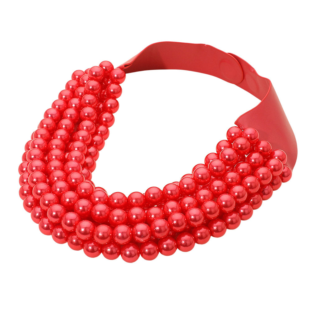 Pearl Beaded Multi Layered Faux Leather Magnetic Necklace