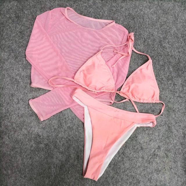 Neon Gelbes Crop Top Bademode Frauen Sommer 3-teiliges Bikini-Set mit transparentem Crop Top Überwurf Strandmode Mesh Langarm Überwurf Top Dreiteiliger Bikini-Set