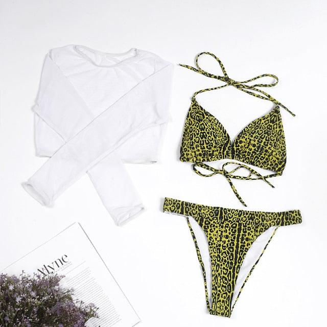 Neon Gelbes Crop Top Bademode Frauen Sommer 3-teiliges Bikini-Set mit transparentem Crop Top Überwurf Strandmode Mesh Langarm Überwurf Top Dreiteiliger Bikini-Set