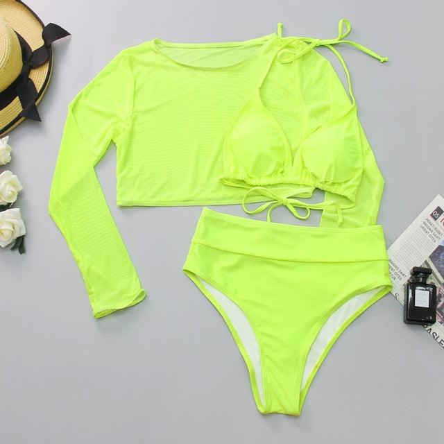 Neon Gelbes Crop Top Bademode Frauen Sommer 3-teiliges Bikini-Set mit transparentem Crop Top Überwurf Strandmode Mesh Langarm Überwurf Top Dreiteiliger Bikini-Set