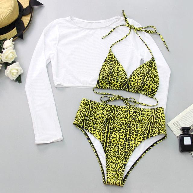 Neon Gelbes Crop Top Bademode Frauen Sommer 3-teiliges Bikini-Set mit transparentem Crop Top Überwurf Strandmode Mesh Langarm Überwurf Top Dreiteiliger Bikini-Set