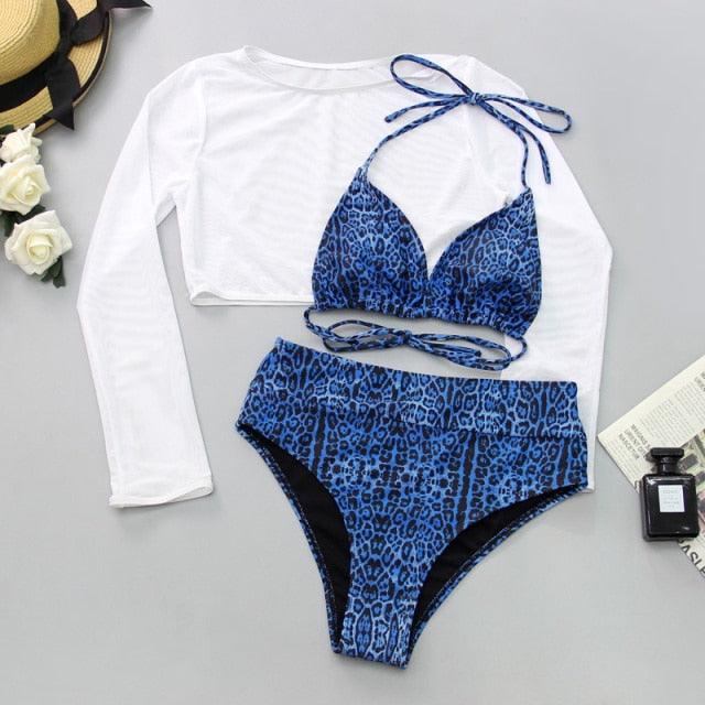 Neon Gelbes Crop Top Bademode Frauen Sommer 3-teiliges Bikini-Set mit transparentem Crop Top Überwurf Strandmode Mesh Langarm Überwurf Top Dreiteiliger Bikini-Set