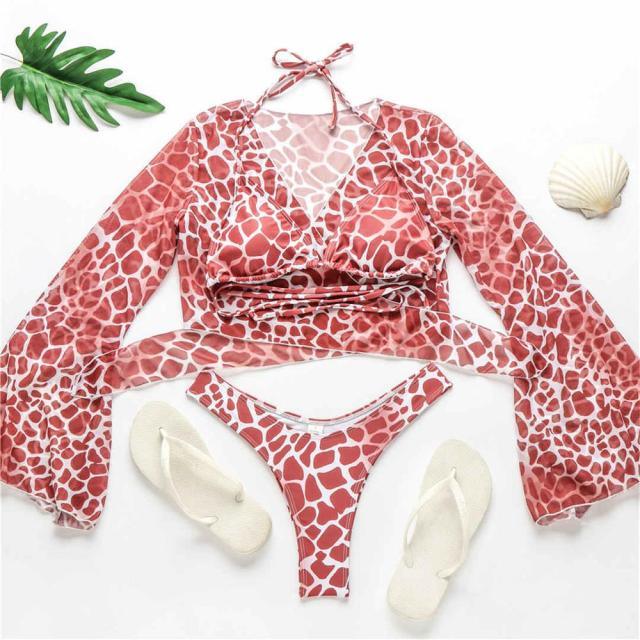 Neuer Bikini-Badeanzug für Damen, 3-teiliges Set, vorne gebunden, schulterfreies Cover-Up mit Neckholder-Bikini-Sets, Badeanzug für Damen, Bademode, Damen-Badeanzug, dreiteiliges Bikini-Set, Neckholder-Badeanzug, Strand-Lady