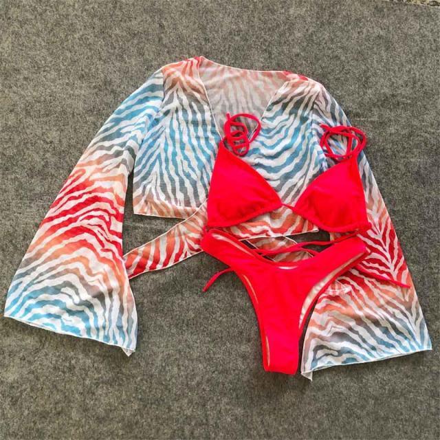Neuer Bikini-Badeanzug für Damen, 3-teiliges Set, vorne gebunden, schulterfreies Cover-Up mit Neckholder-Bikini-Sets, Badeanzug für Damen, Bademode, Damen-Badeanzug, dreiteiliges Bikini-Set, Neckholder-Badeanzug, Strand-Lady