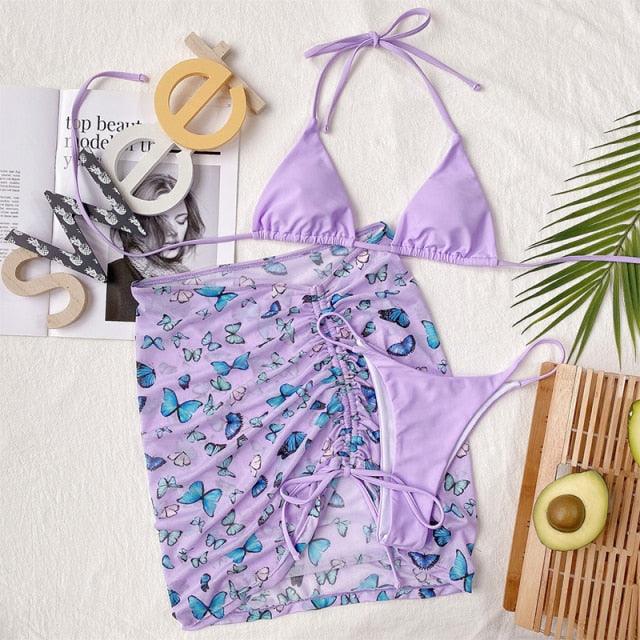 3-teiliger Damen Bikini, moderner Badeanzug für Damen, hoch geschnitten, Neckholder-Bademode, Damen-Bikini-Sets mit Wickelrock, Schnürung, Strings, hoch geschnittenes Bikini-Set, Badeanzug, Damen-Triangel-Badeanzug rückenfrei