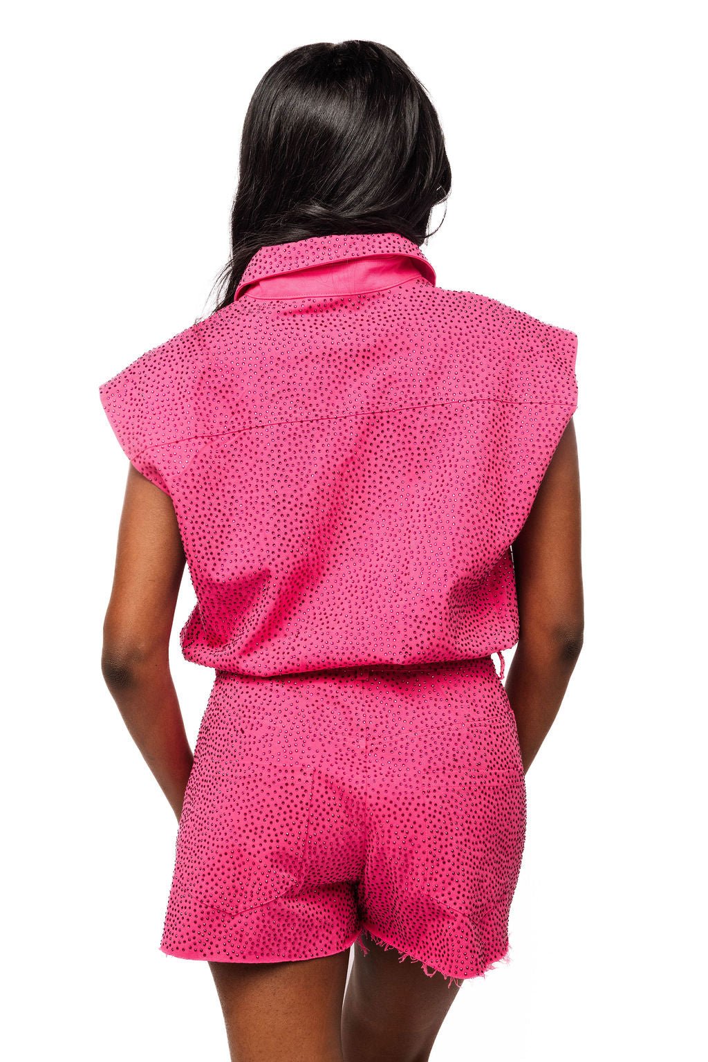 QOS Hot Pink Rhinestone Button Up Romper